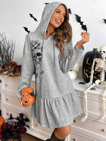 Women's Casual Ruffled Hem Skeleton Print Dress For Spring And Summer