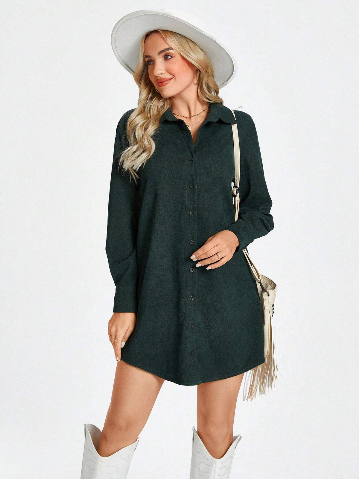 Women's Casual Shirtwaist Dress For Street, Airport, Office Wear, Green, Winter