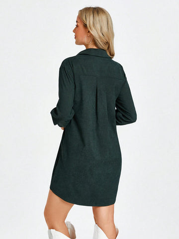 Women's Casual Shirtwaist Dress For Street, Airport, Office Wear, Green, Winter