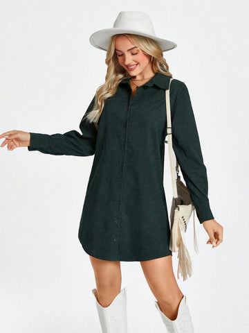 Women's Casual Shirtwaist Dress For Street, Airport, Office Wear, Green, Winter