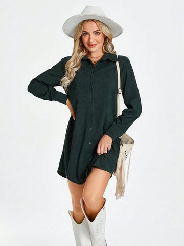 Women's Casual Shirtwaist Dress For Street, Airport, Office Wear, Green, Winter