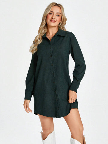 Women's Casual Shirtwaist Dress For Street, Airport, Office Wear, Green, Winter