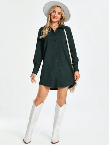 Women's Casual Shirtwaist Dress For Street, Airport, Office Wear, Green, Winter
