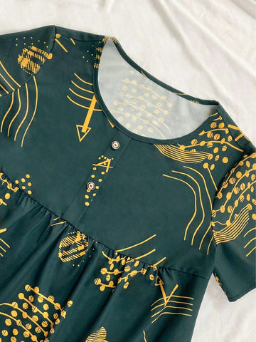 Women's Casual Short Sleeve Round Neck Button Decor Hem Pleat Ruffle Flared Pants Gold Pattern 2-Piece Set