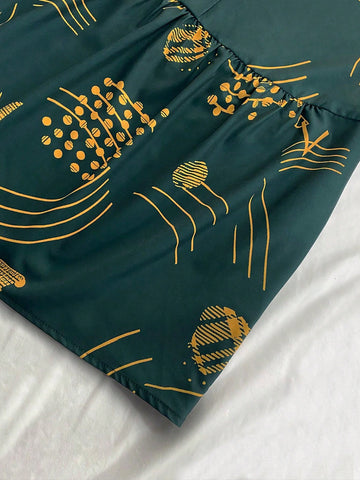 Women's Casual Short Sleeve Round Neck Button Decor Hem Pleat Ruffle Flared Pants Gold Pattern 2-Piece Set