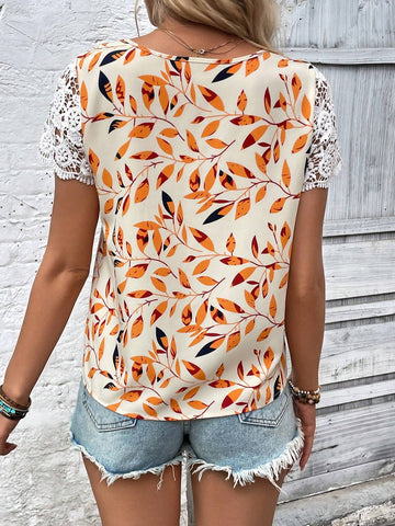 LUNE Women's Casual Short Sleeve Shirt With Random Print, Simple Style