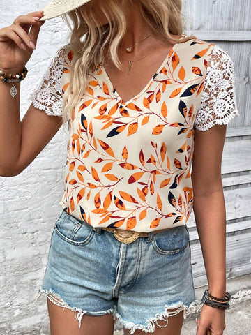 LUNE Women's Casual Short Sleeve Shirt With Random Print, Simple Style