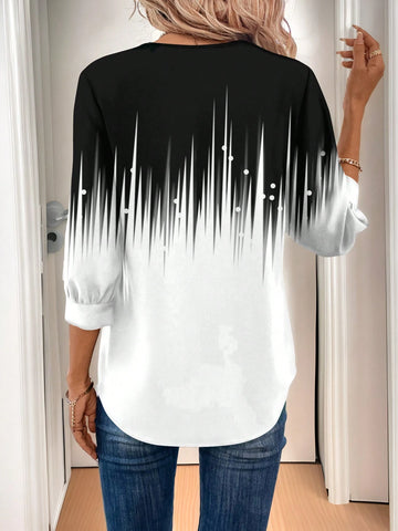 LUNE Women's Casual Simple Black & White Striped Pattern Office Wear Shirt,