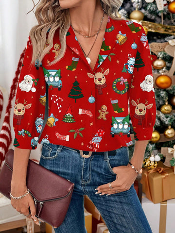 LUNE Women's Casual Simple Christmas Deer Pattern Office Wear Print Shirt,