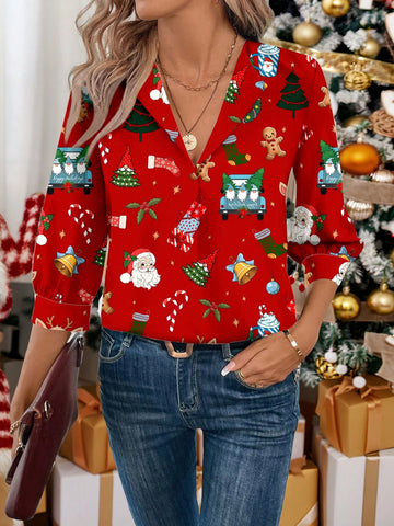 LUNE Women's Casual Simple Christmas Deer Pattern Office Wear Print Shirt,