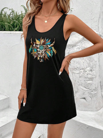 Women's Casual Simple Western Style Cow Head Sleeveless Dress, Suitable For Summer