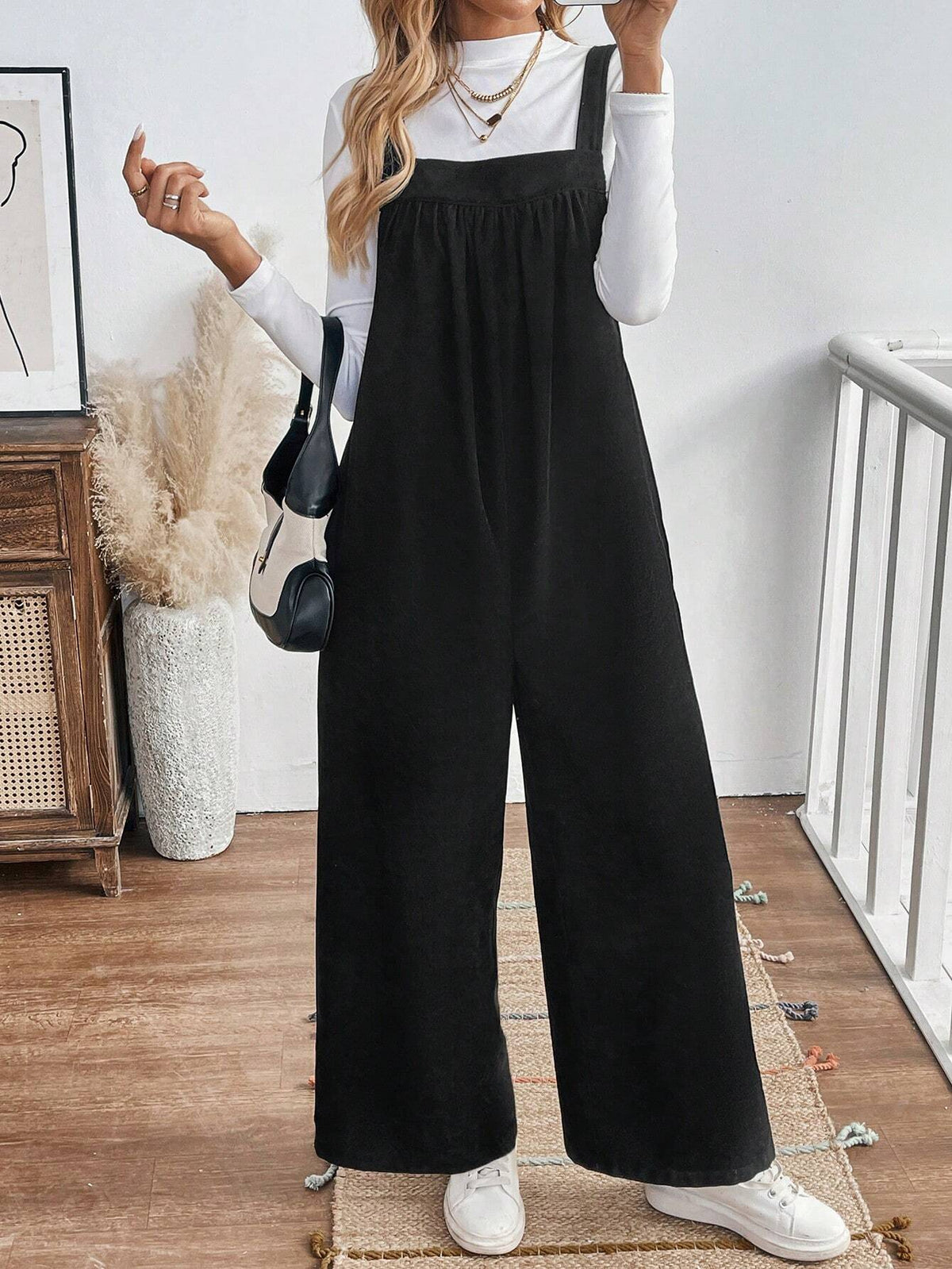 Women's Casual Solid Color Jumpsuit, Excluding White T-Shirt