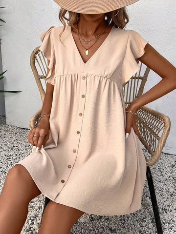 Women's Casual Solid Color Ruffle Sleeve Dress, Spring/Summer