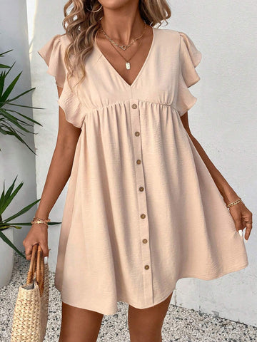 Women's Casual Solid Color Ruffle Sleeve Dress, Spring/Summer