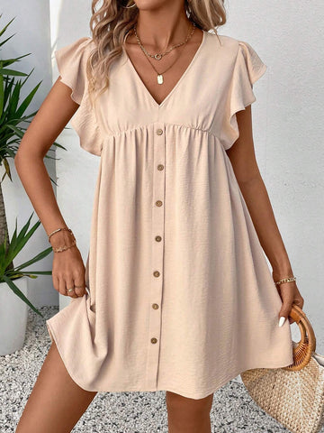 Women's Casual Solid Color Ruffle Sleeve Dress, Spring/Summer