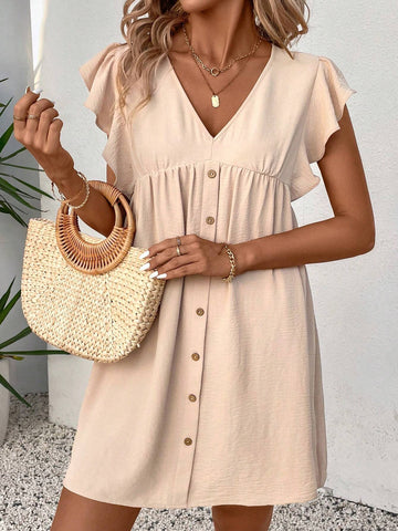 Women's Casual Solid Color Ruffle Sleeve Dress, Spring/Summer