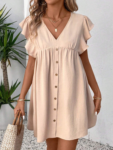 Women's Casual Solid Color Ruffle Sleeve Dress, Spring/Summer