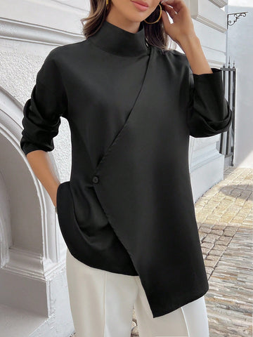LUNE Women's Casual Solid Color Stand Collar Wrap Asymmetrical Hem Blouse