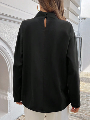 LUNE Women's Casual Solid Color Stand Collar Wrap Asymmetrical Hem Blouse