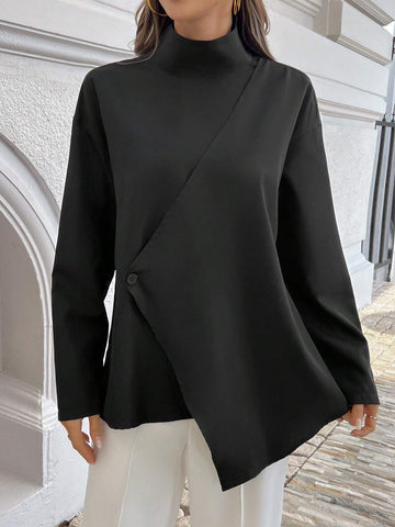 LUNE Women's Casual Solid Color Stand Collar Wrap Asymmetrical Hem Blouse