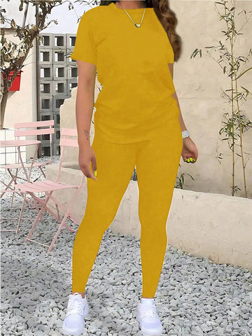 Women's Casual Solid Color T-Shirt And Long Pants Set