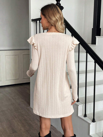 Women's Casual Solid Color Textured Ruffle Hem Basic Long Sleeve Short Romper, Suitable For