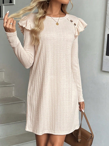 Women's Casual Solid Color Textured Ruffle Hem Basic Long Sleeve Short Romper, Suitable For