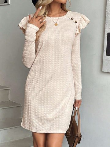 Women's Casual Solid Color Textured Ruffle Hem Basic Long Sleeve Short Romper, Suitable For