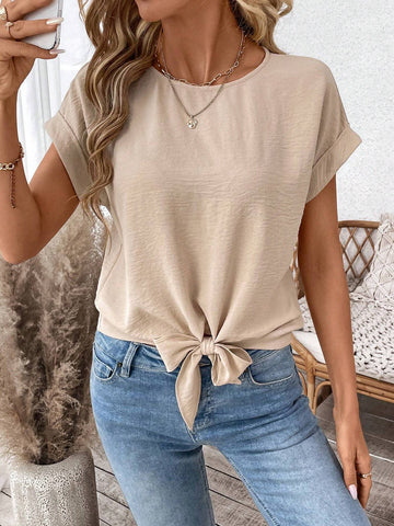 LUNE Women's Casual Solid Color Tie-Up Short Sleeve Shirt