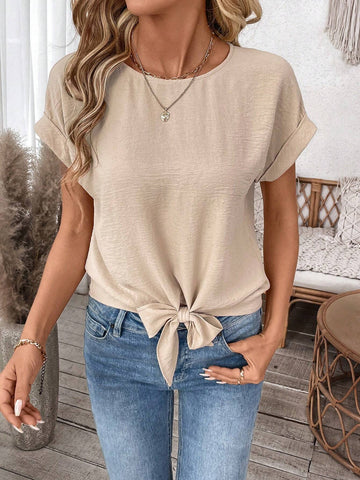 LUNE Women's Casual Solid Color Tie-Up Short Sleeve Shirt