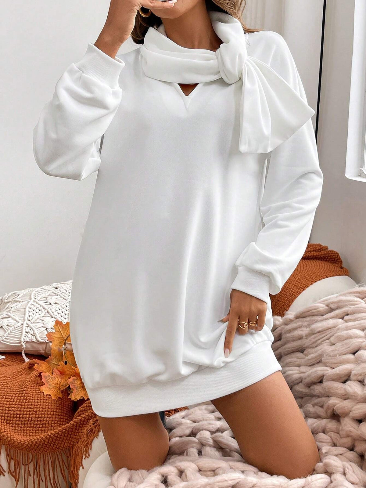 Women's Casual Solid Color Tie Collar Long Sleeve Sweatshirt Mini Dress, Autumn/Winter
