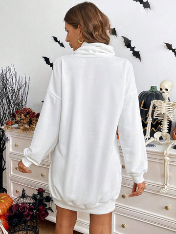 Women's Casual Solid Color Tie Collar Long Sleeve Sweatshirt Mini Dress, Autumn/Winter