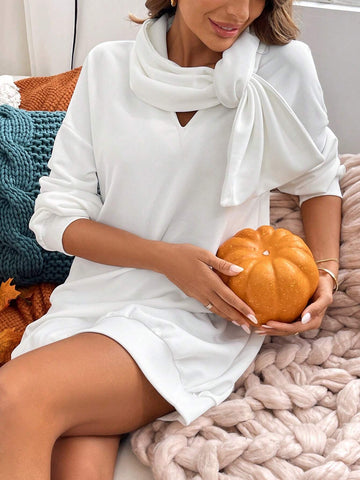 Women's Casual Solid Color Tie Collar Long Sleeve Sweatshirt Mini Dress, Autumn/Winter