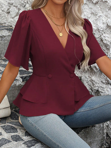 LUNE Women's Casual Solid Color V-Neck Double-Breasted Waist Shirt, Summer