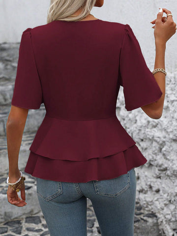 LUNE Women's Casual Solid Color V-Neck Double-Breasted Waist Shirt, Summer