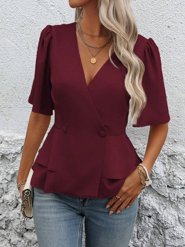 LUNE Women's Casual Solid Color V-Neck Double-Breasted Waist Shirt, Summer