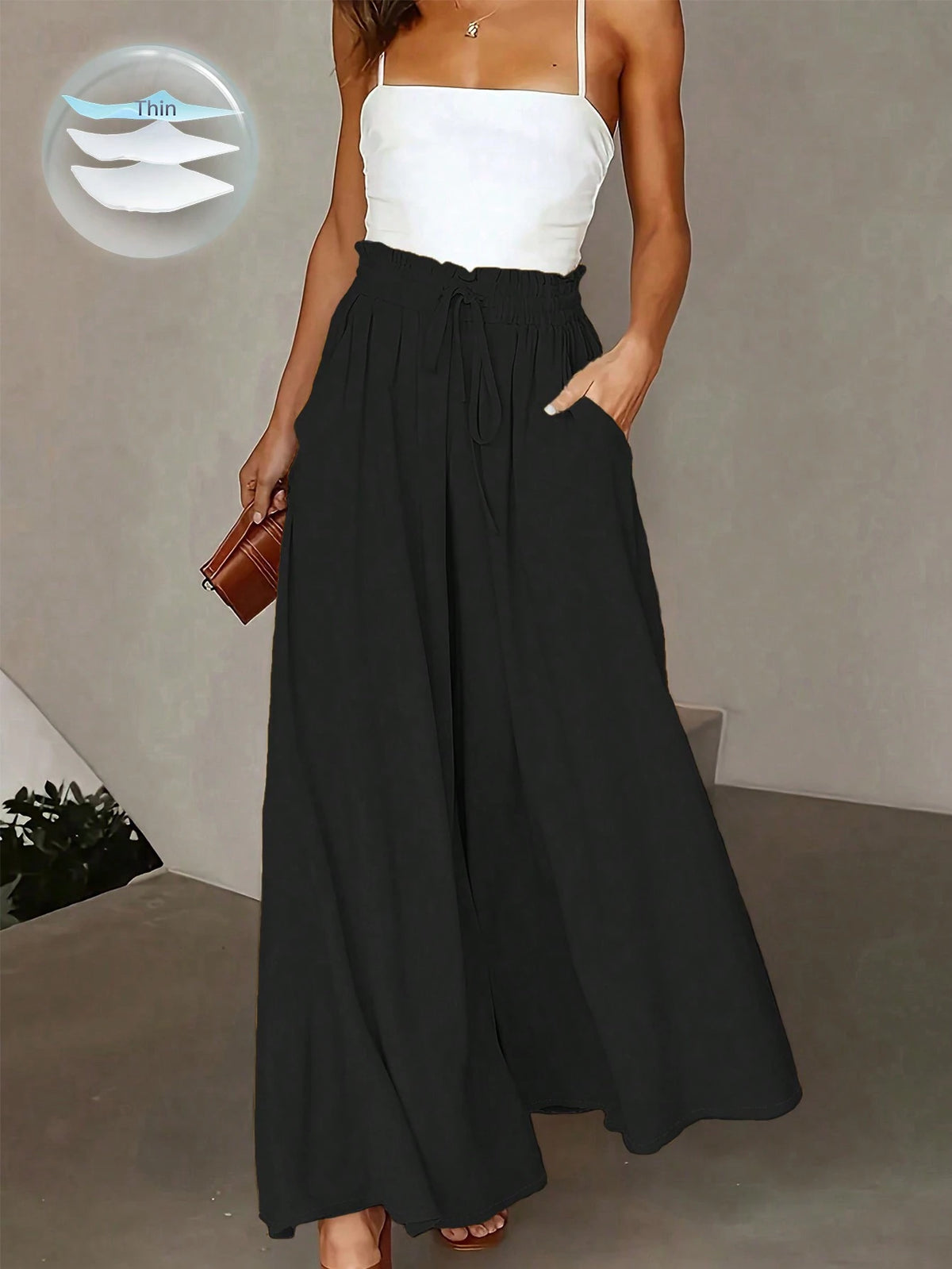 LUNE Women's Casual Solid Color Wide Leg Pants
