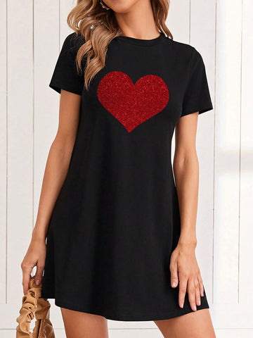 Women's Casual Sparkly Heart Short Sleeve Dress