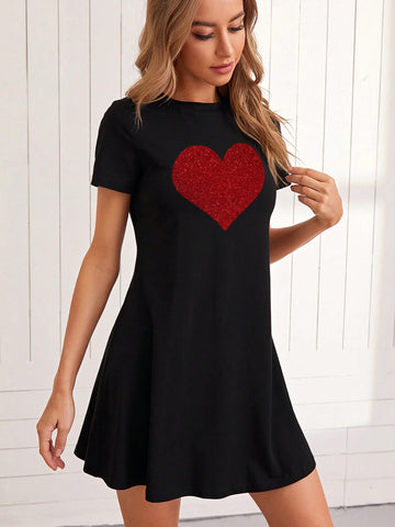 Women's Casual Sparkly Heart Short Sleeve Dress