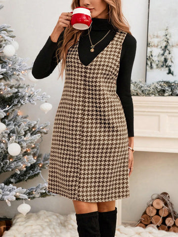 Women's Casual Street Vintage Christmas Red & Black Houndstooth Jacquard Bib Dress,