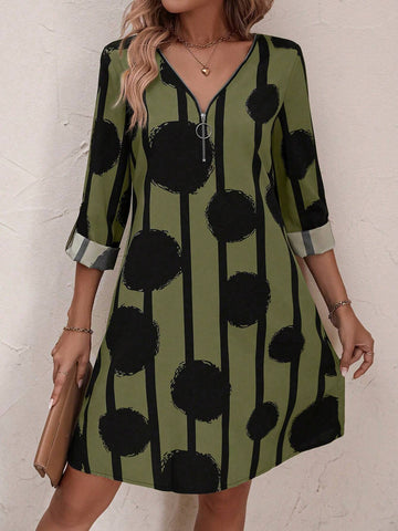 Women's Casual Striped Circle Printed Roll Cuff Dress, Summer