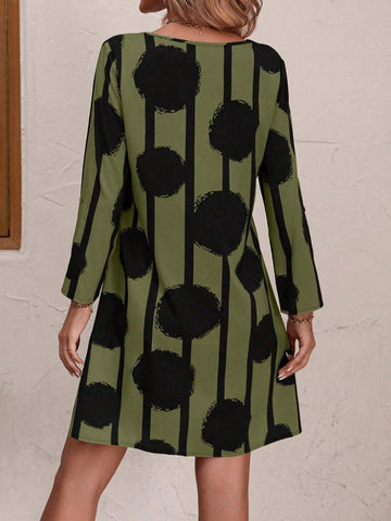 Women's Casual Striped Circle Printed Roll Cuff Dress, Summer