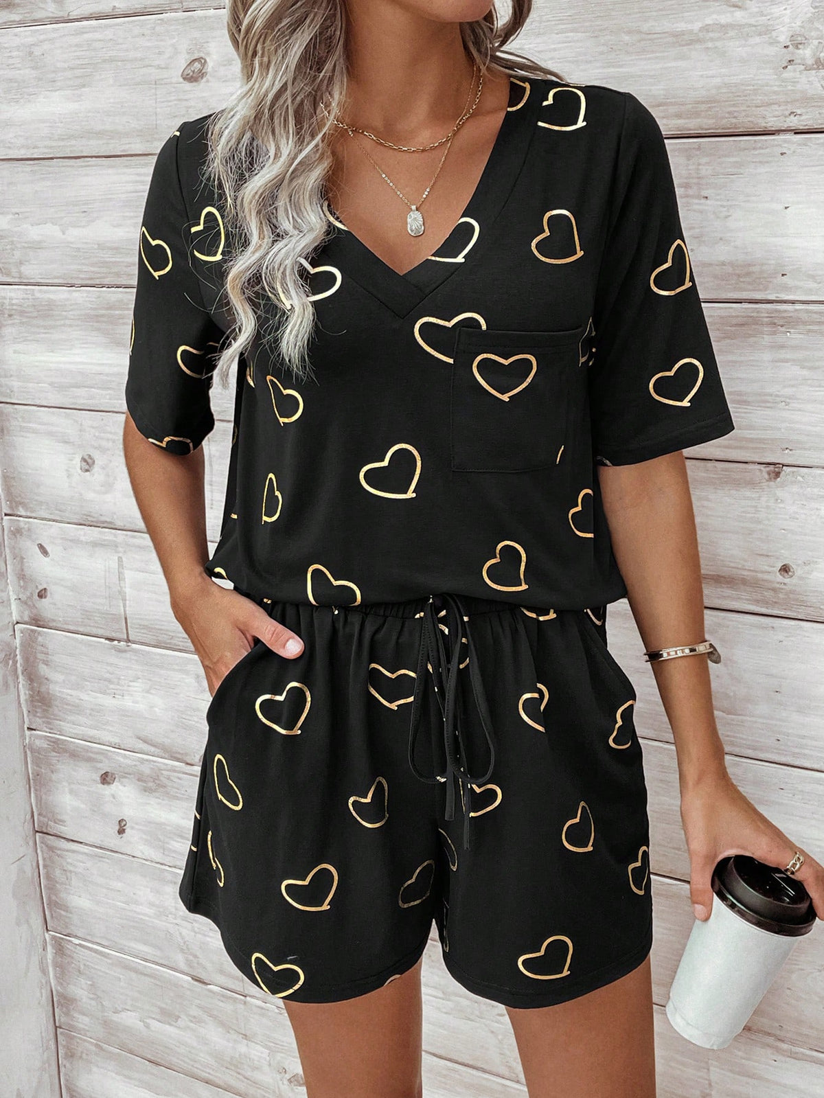 Women's Casual Two Piece Set With Heart Print