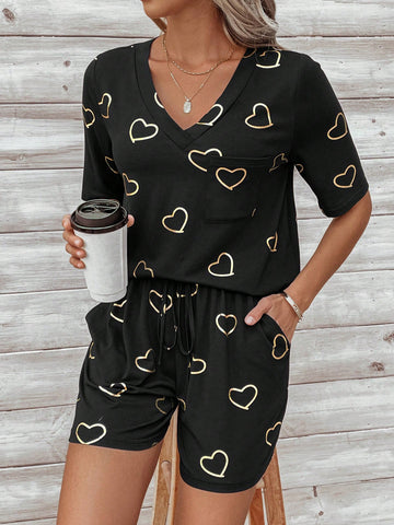 Women's Casual Two Piece Set With Heart Print
