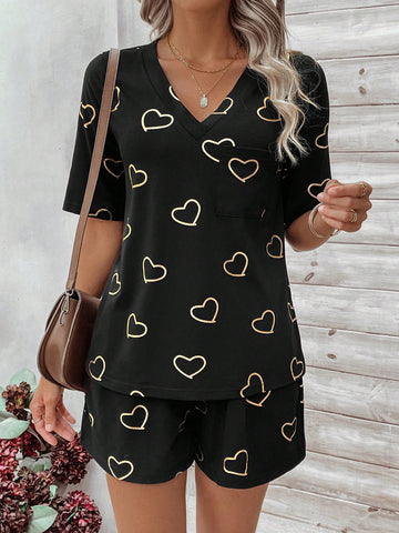 Women's Casual Two Piece Set With Heart Print