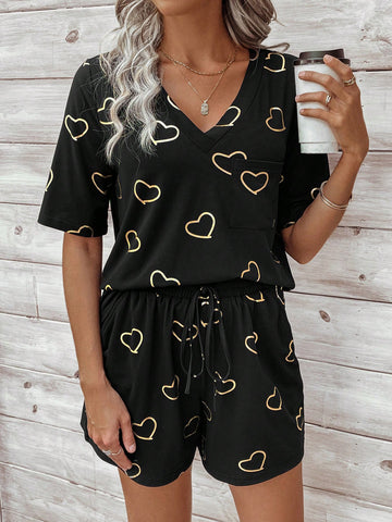 Women's Casual Two Piece Set With Heart Print