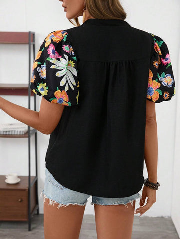 LUNE Women's Casual V-Neck Drawstring Shirt With Sleeve Arm Print