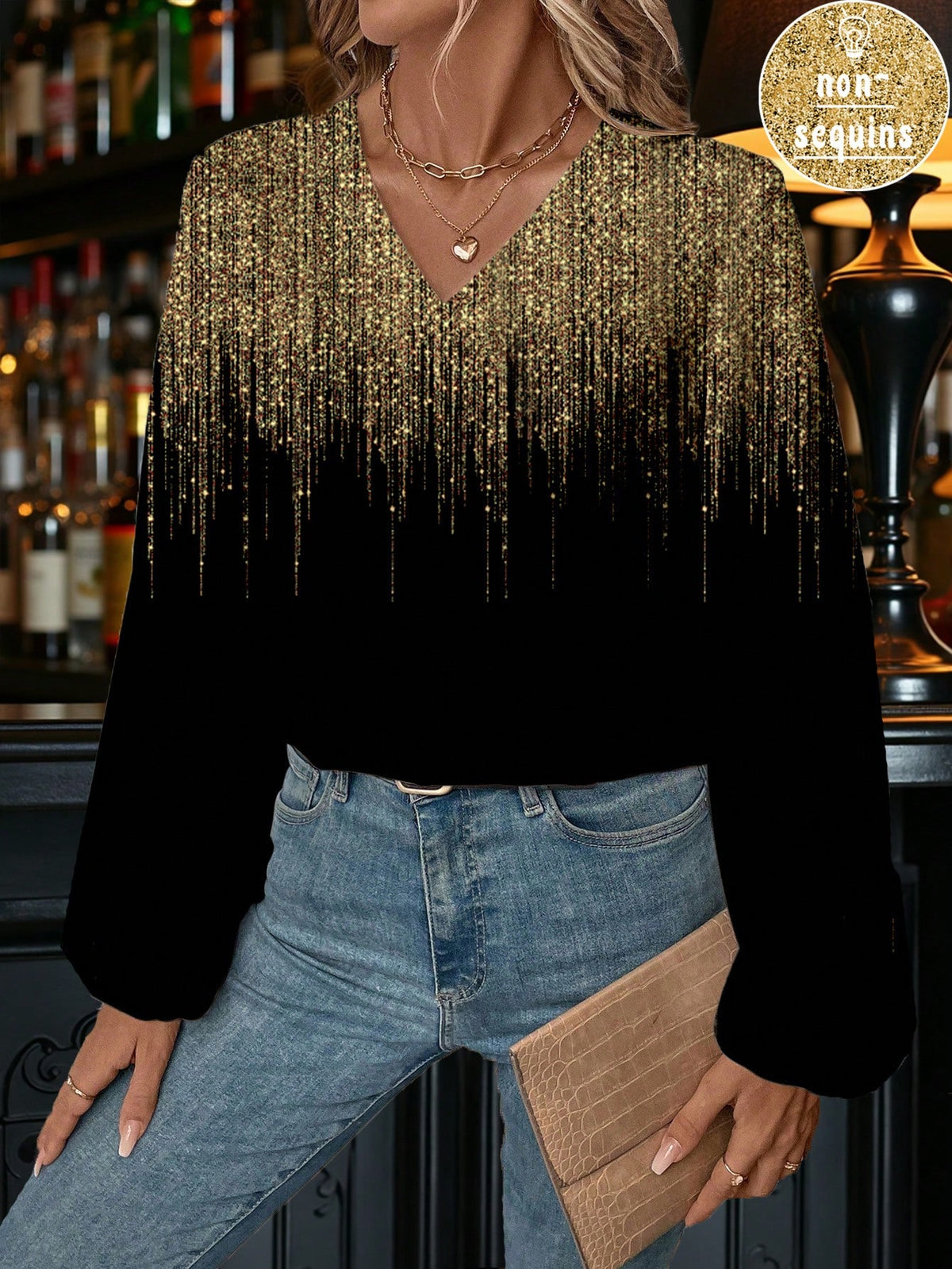 LUNE Women's Casual V-Neck Sequin Loose Long Sleeve Blouse,