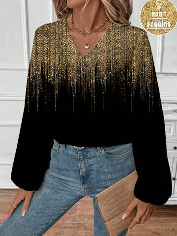 LUNE Women's Casual V-Neck Sequin Loose Long Sleeve Blouse,
