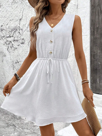 Women's Casual White V-Neck Elastic Waist Dress